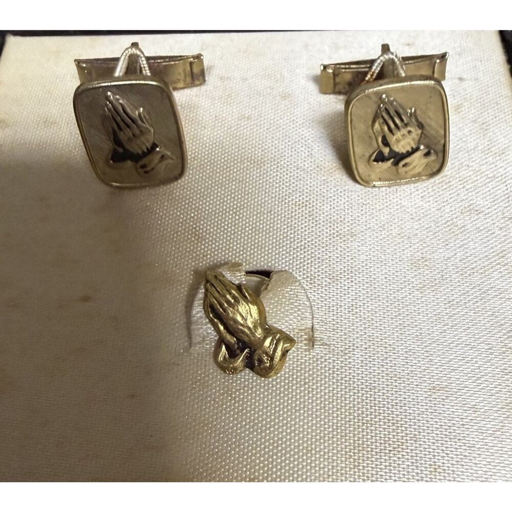 Vintage Praying Hands Cufflinks & Tie Tack Religious Christian Gold Tone Set Box